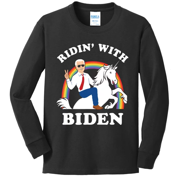 Unicorn Ridin With Biden Funny Joe Biden Kids Long Sleeve Shirt