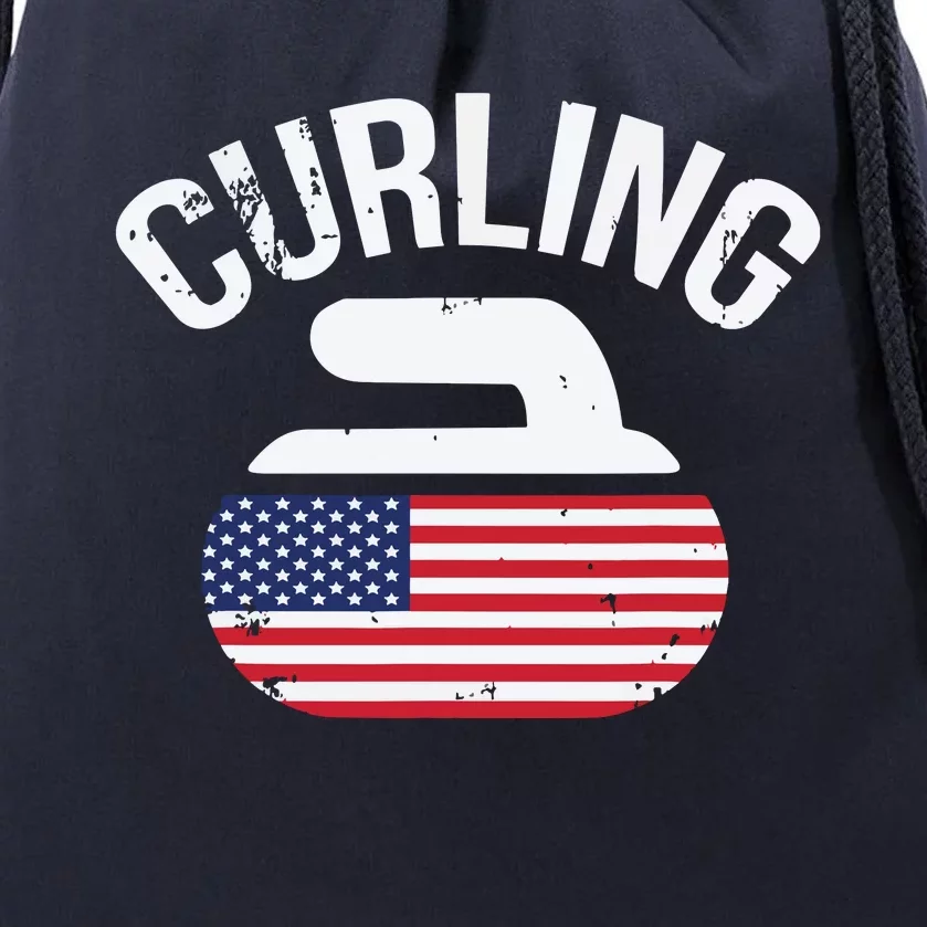 USA Red White And Blue American Flag Curling Stone Drawstring Bag