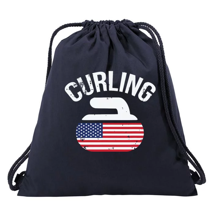 USA Red White And Blue American Flag Curling Stone Drawstring Bag