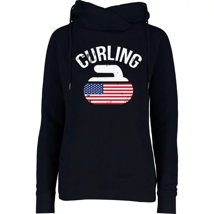 USA Red White And Blue American Flag Curling Stone Womens Funnel Neck Pullover Hood