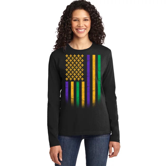 US Mardi Gras Flag Celebration Ladies Long Sleeve Shirt