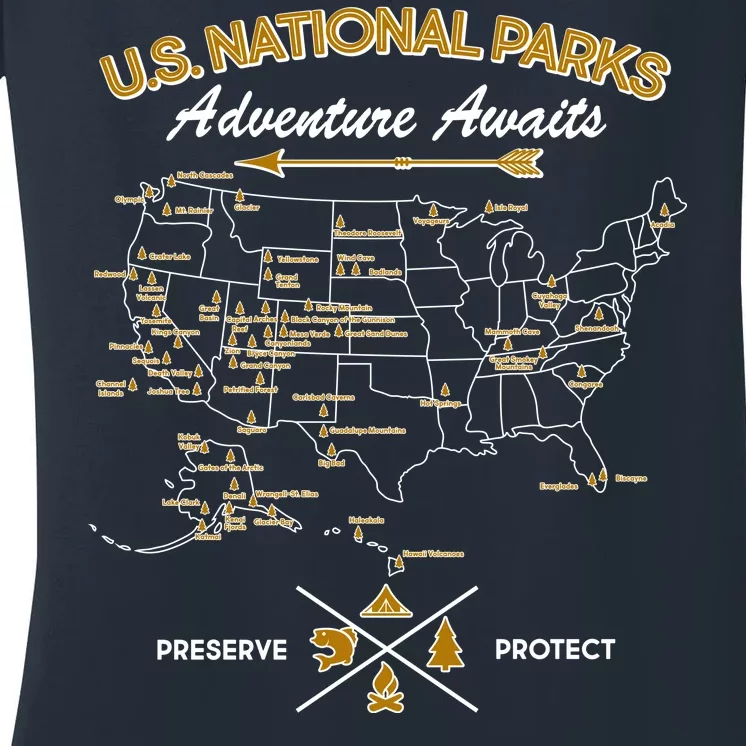 US National Parks Map Adventure Awaits Women's V-Neck T-Shirt