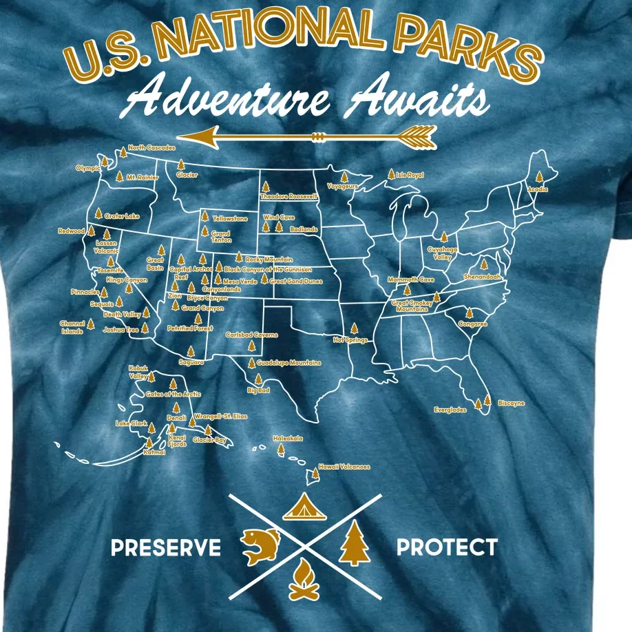 US National Parks Map Adventure Awaits Kids Tie-Dye T-Shirt