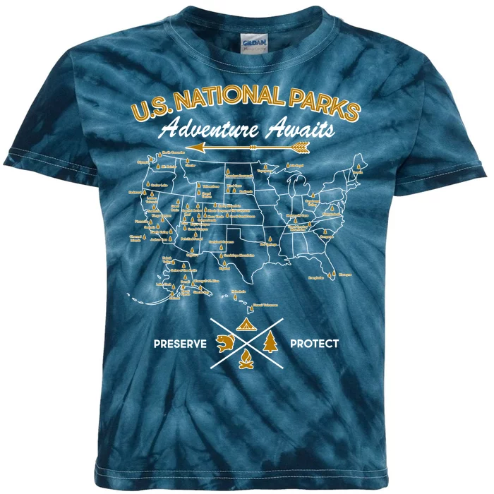 US National Parks Map Adventure Awaits Kids Tie-Dye T-Shirt