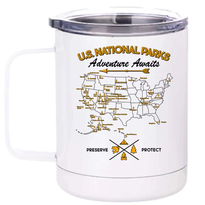 US National Parks Map Adventure Awaits Front & Back 12oz Stainless Steel Tumbler Cup