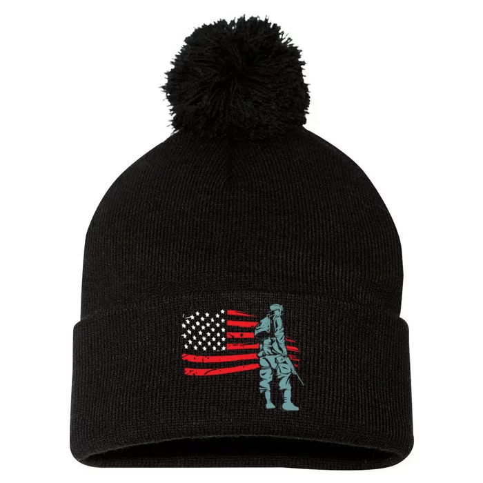 US Soldier American Flag Pom Pom 12in Knit Beanie