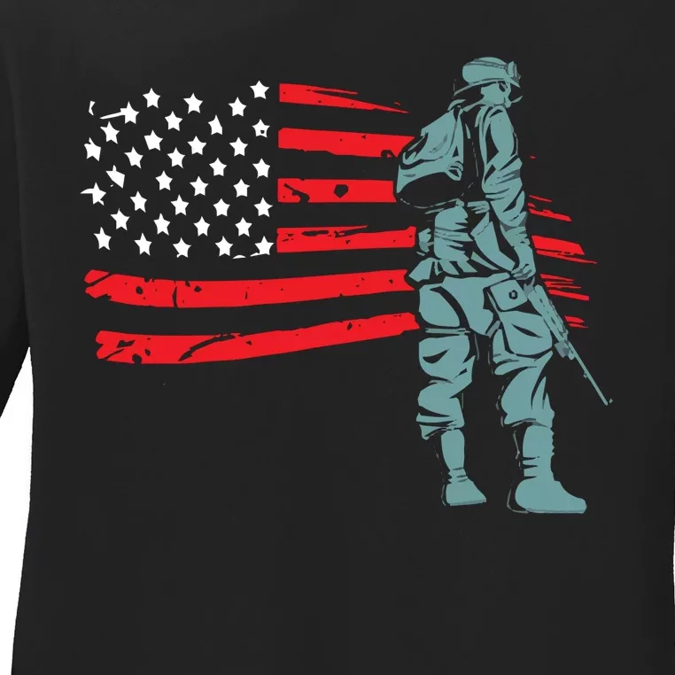 US Soldier American Flag Ladies Long Sleeve Shirt