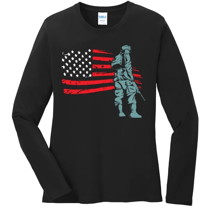 US Soldier American Flag Ladies Long Sleeve Shirt