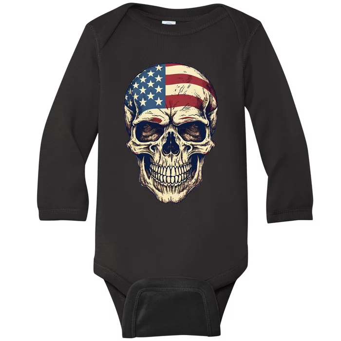 Usa Skull 4th Of Julay Scary Usa Skull Baby Long Sleeve Bodysuit