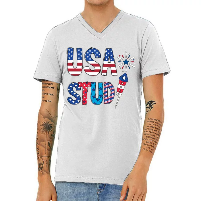 USA Stud 4th Of July Firework Cute V-Neck T-Shirt