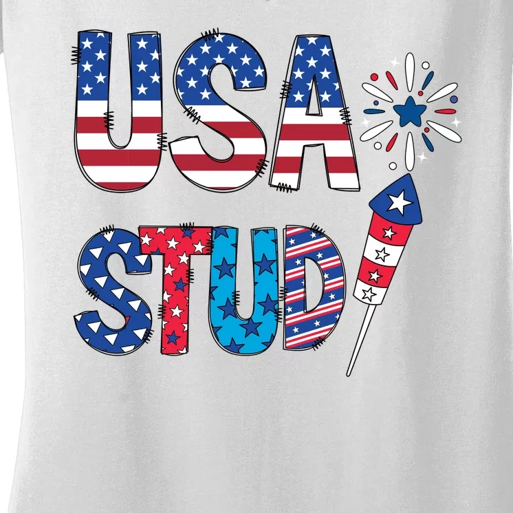 USA Stud 4th Of July Firework Cute Women's V-Neck T-Shirt