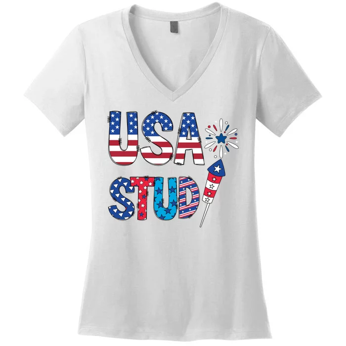 USA Stud 4th Of July Firework Cute Women's V-Neck T-Shirt