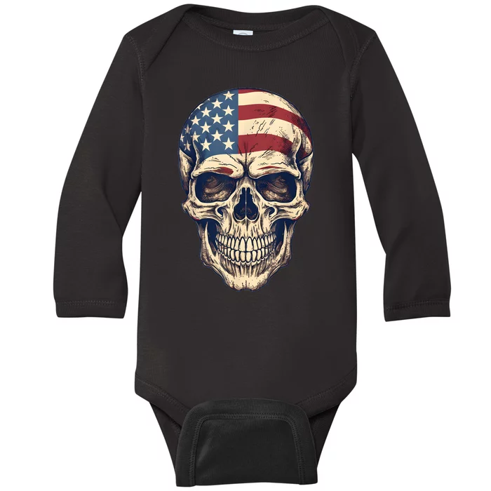 Usa Skull 4th Of Julay Scary Usa Skull Men Women Baby Long Sleeve Bodysuit