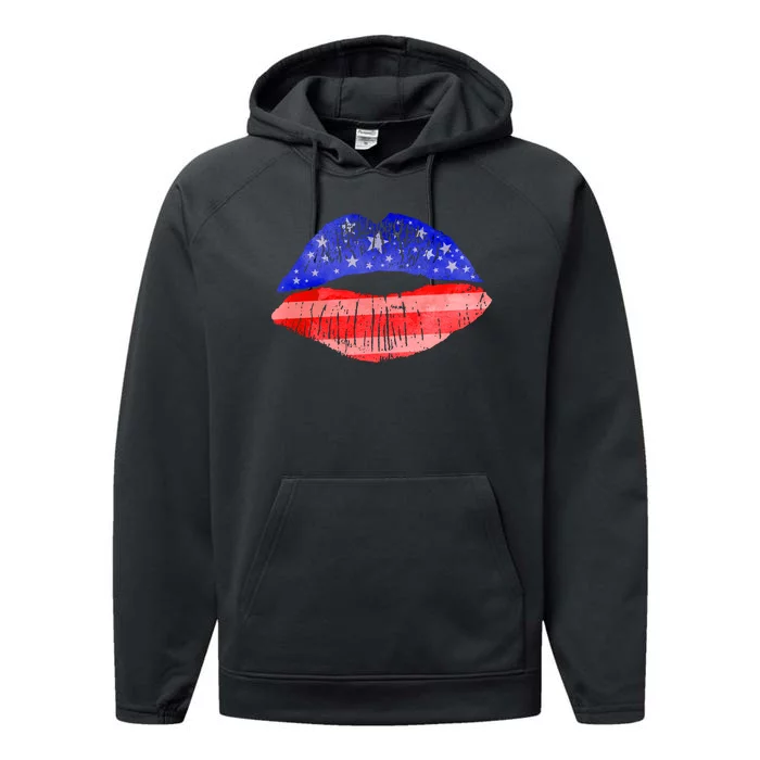 USA American Flag Lipstick Print Performance Fleece Hoodie