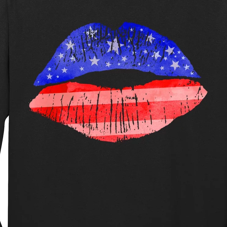 USA American Flag Lipstick Print Long Sleeve Shirt