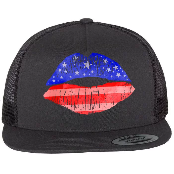 USA American Flag Lipstick Print Flat Bill Trucker Hat