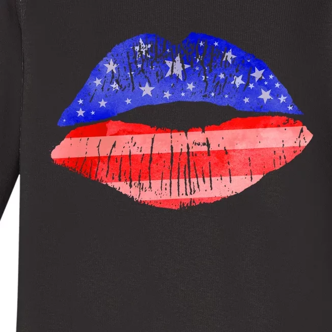 USA American Flag Lipstick Print Baby Long Sleeve Bodysuit