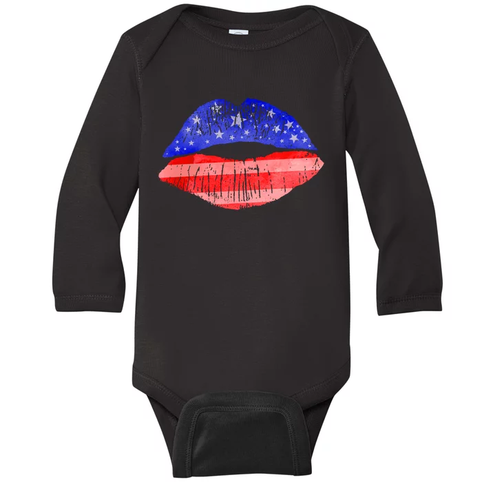 USA American Flag Lipstick Print Baby Long Sleeve Bodysuit