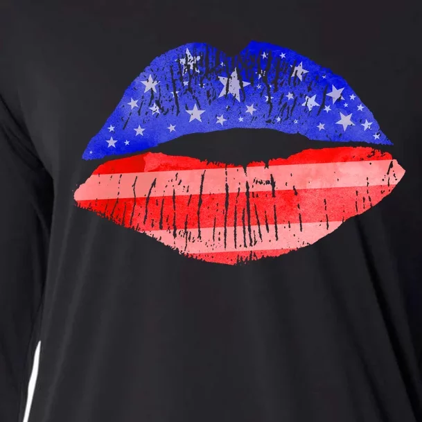 USA American Flag Lipstick Print Cooling Performance Long Sleeve Crew