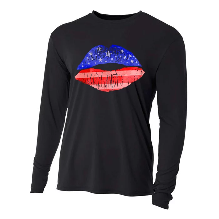 USA American Flag Lipstick Print Cooling Performance Long Sleeve Crew