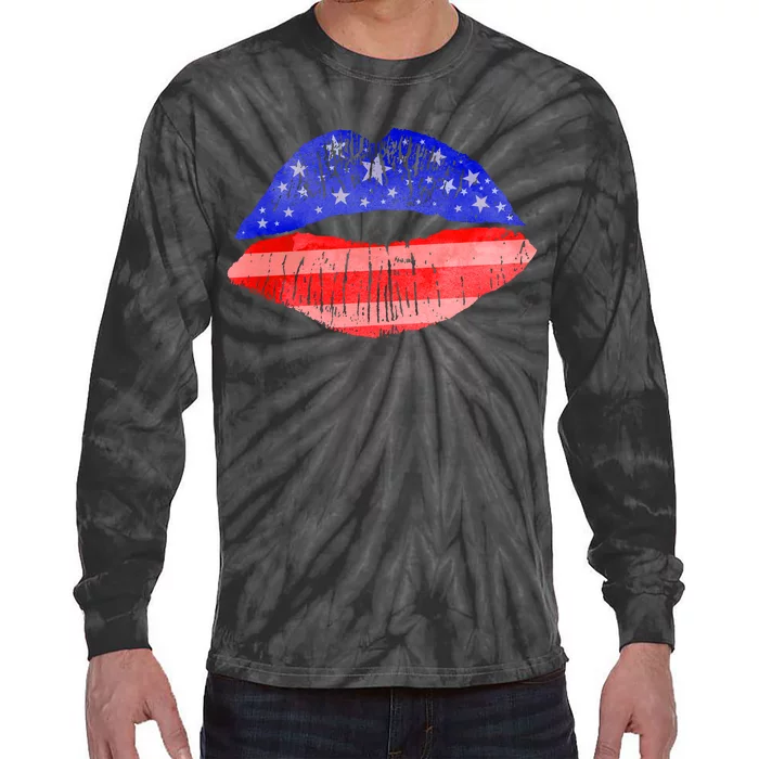 USA American Flag Lipstick Print Tie-Dye Long Sleeve Shirt