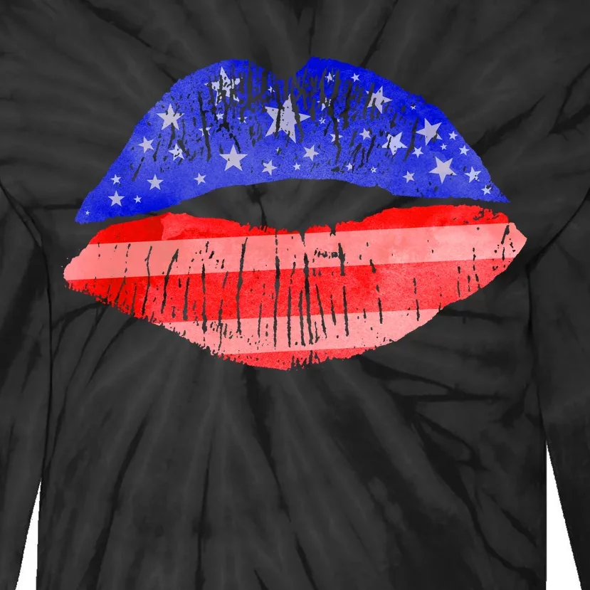 USA American Flag Lipstick Print Tie-Dye Long Sleeve Shirt