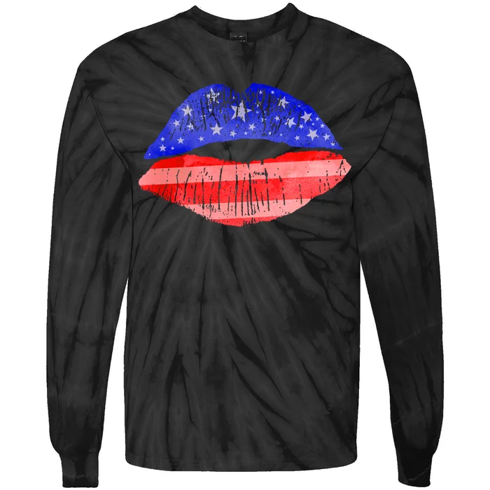 USA American Flag Lipstick Print Tie-Dye Long Sleeve Shirt