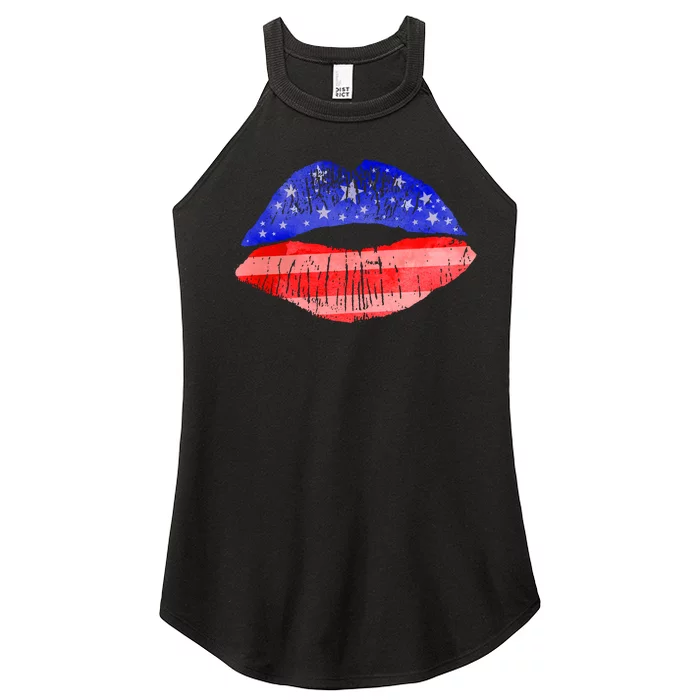 USA American Flag Lipstick Print Women’s Perfect Tri Rocker Tank