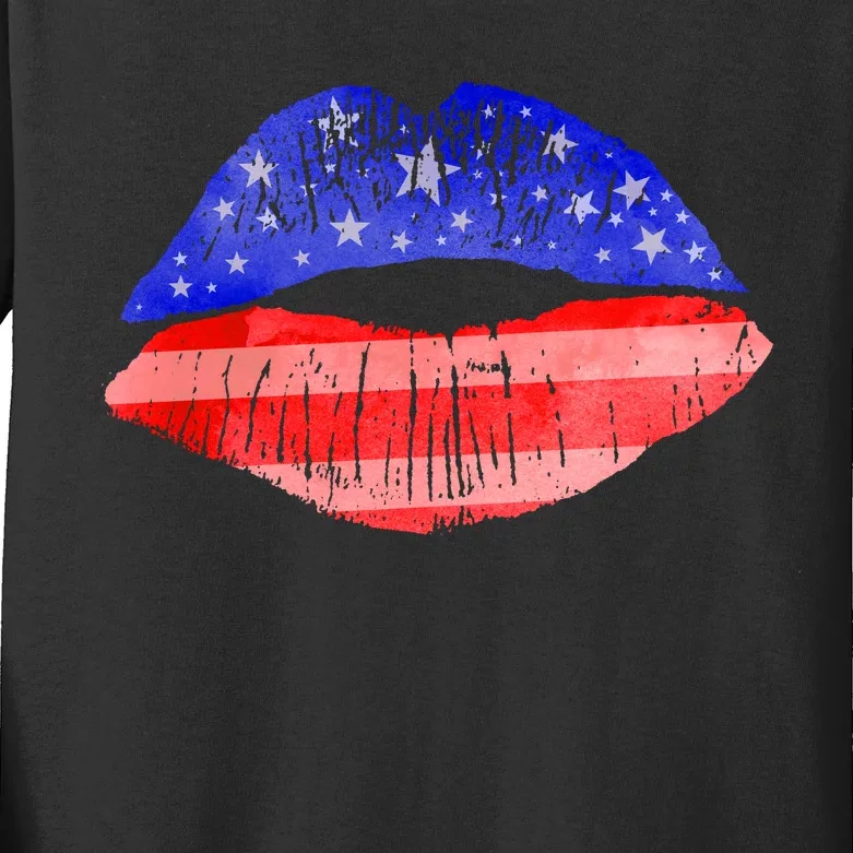 USA American Flag Lipstick Print Kids Long Sleeve Shirt