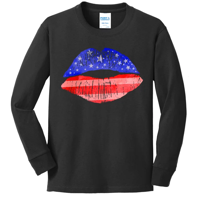 USA American Flag Lipstick Print Kids Long Sleeve Shirt