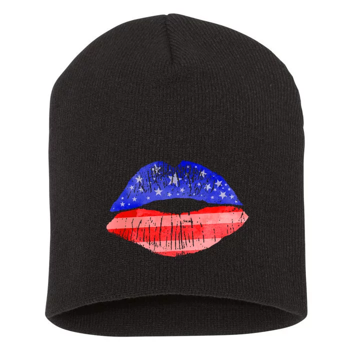 USA American Flag Lipstick Print Short Acrylic Beanie