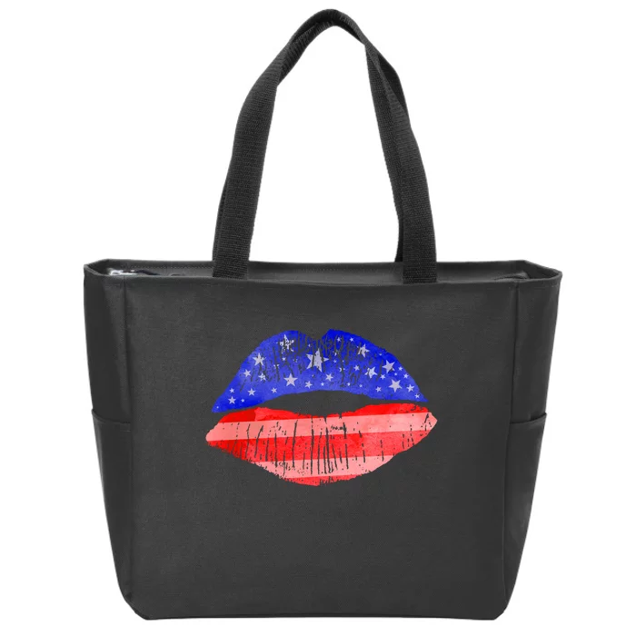 USA American Flag Lipstick Print Zip Tote Bag