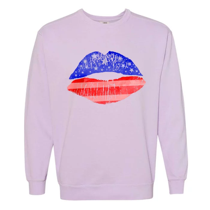 USA American Flag Lipstick Print Garment-Dyed Sweatshirt