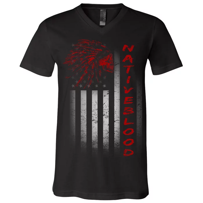 USA American Flag Native Blood V-Neck T-Shirt