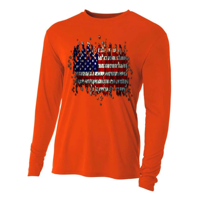 USA American Ripped Torn Flag Cooling Performance Long Sleeve Crew