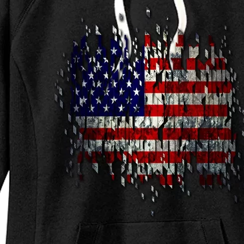 USA American Ripped Torn Flag Women's Fleece Hoodie