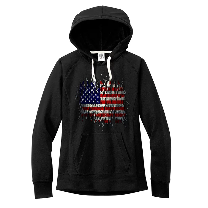 USA American Ripped Torn Flag Women's Fleece Hoodie