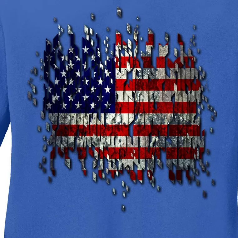 USA American Ripped Torn Flag Ladies Long Sleeve Shirt