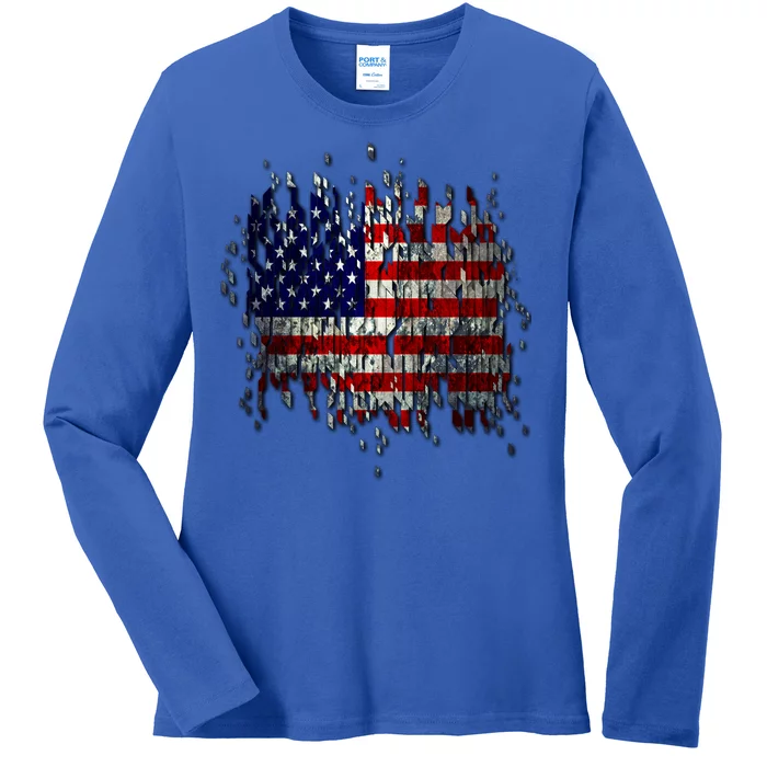 USA American Ripped Torn Flag Ladies Long Sleeve Shirt