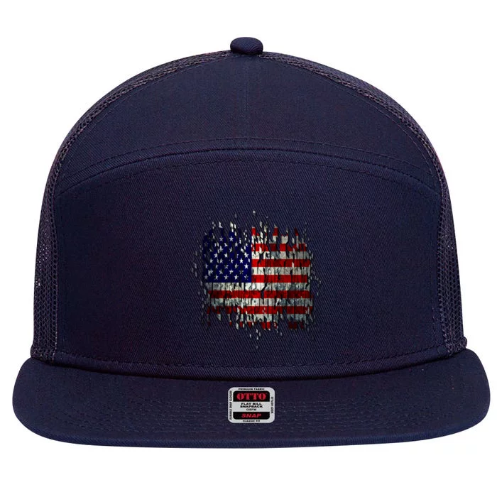 USA American Ripped Torn Flag 7 Panel Mesh Trucker Snapback Hat