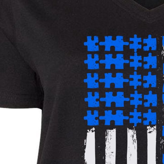 USA Autism Awareness Puzzle Flag Women's V-Neck Plus Size T-Shirt