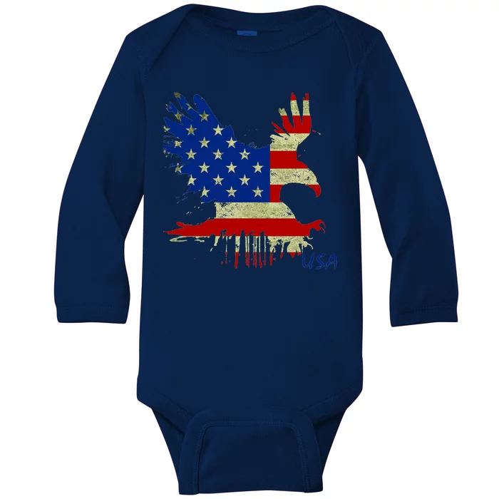 USA Bald Eagle Flag Drip 4th of July Baby Long Sleeve Bodysuit