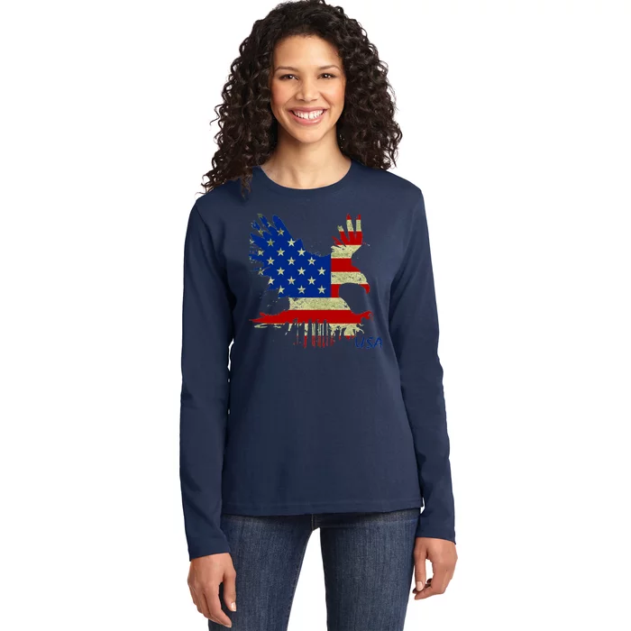 USA Bald Eagle Flag Drip 4th of July Ladies Long Sleeve Shirt