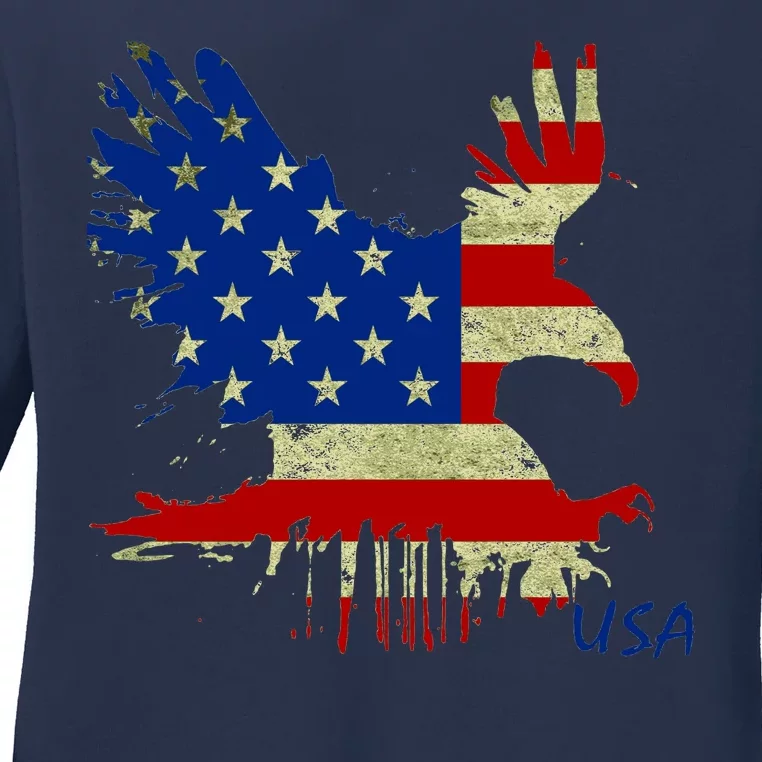 USA Bald Eagle Flag Drip 4th of July Ladies Long Sleeve Shirt