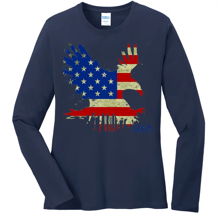 USA Bald Eagle Flag Drip 4th of July Ladies Long Sleeve Shirt