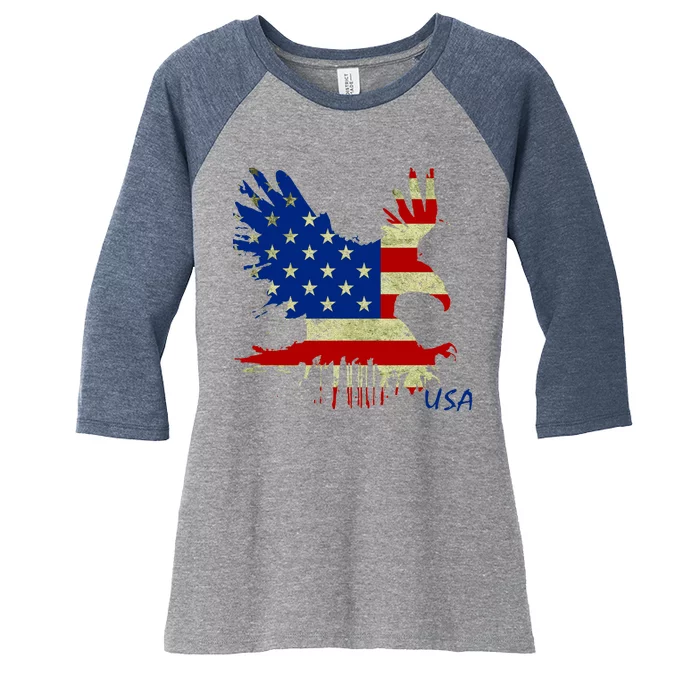 USA Bald Eagle Flag Drip 4th of July Women's Tri-Blend 3/4-Sleeve Raglan Shirt