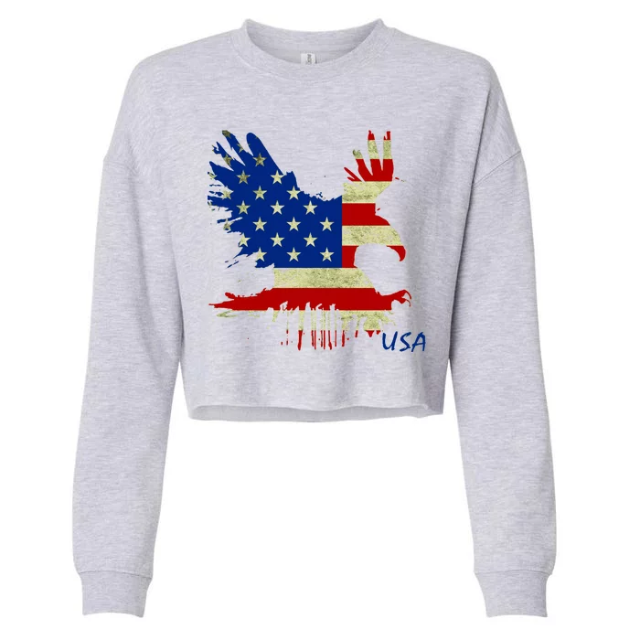 USA Bald Eagle Flag Drip 4th of July Cropped Pullover Crew