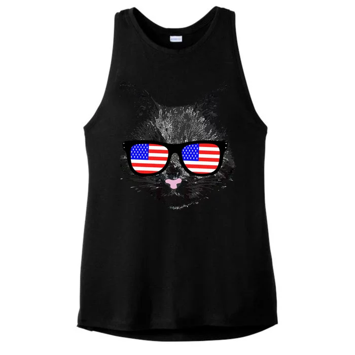 USA Cat Wearing American Flag Glasses Ladies Tri-Blend Wicking Tank