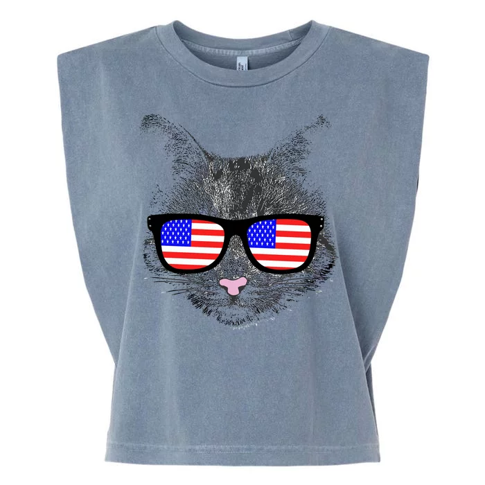 USA Cat Wearing American Flag Glasses Garment-Dyed Women's Muscle Tee