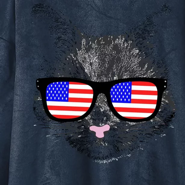 USA Cat Wearing American Flag Glasses Hooded Wearable Blanket